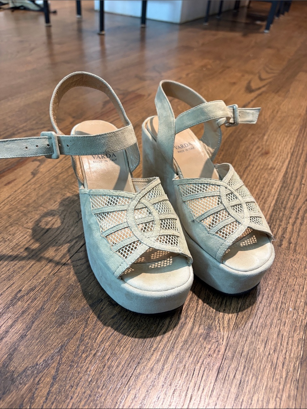 VARDA Size 6 1/2 Suede Laser-Cut Platform Sandals in Light Beige